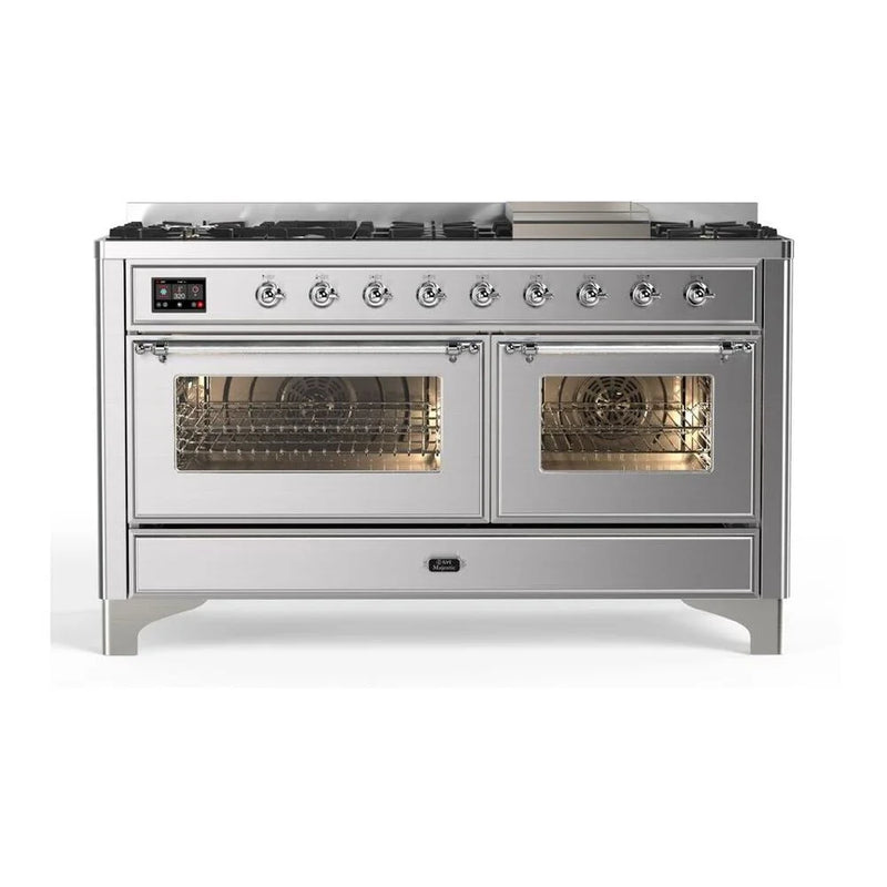 ILVE Majestic II 60" Dual Fuel Freestanding Range in Stainless Steel with Chrome Trim, UM15FDNS3SSCLP
