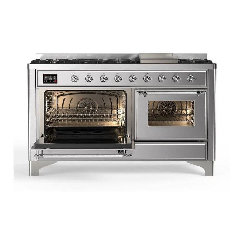 ILVE Majestic II 60" Dual Fuel Freestanding Range in Stainless Steel with Chrome Trim, UM15FDNS3SSCLP