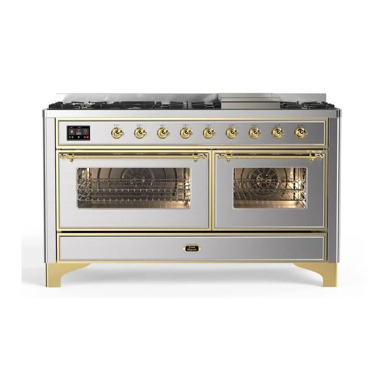 ILVE Majestic II 60" Dual Fuel Freestanding Range in Stainless Steel with Brass Trim, UM15FDNS3SSGLP