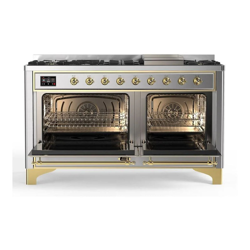 ILVE Majestic II 60" Dual Fuel Freestanding Range in Stainless Steel with Brass Trim, UM15FDNS3SSGLP