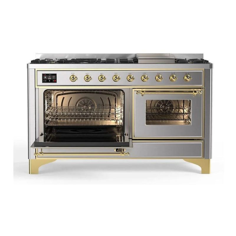 ILVE Majestic II 60" Dual Fuel Freestanding Range in Stainless Steel with Brass Trim, UM15FDNS3SSGLP