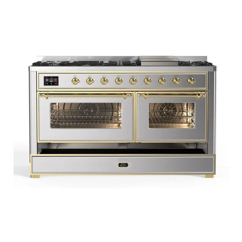 ILVE Majestic II 60" Dual Fuel Freestanding Range in Stainless Steel with Brass Trim, UM15FDNS3SSGLP