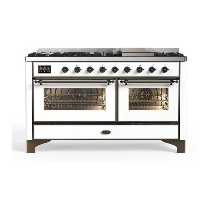 ILVE Majestic II 60" Dual Fuel Freestanding Range in White with Burnished Trim, UM15FDNS3WHBLP