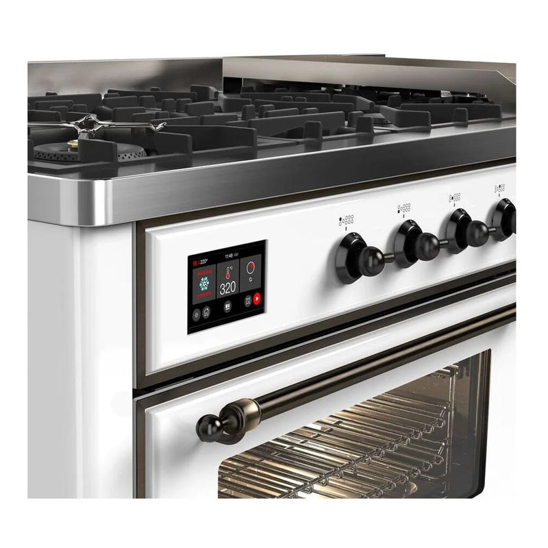 ILVE Majestic II 60" Dual Fuel Freestanding Range in White with Burnished Trim, UM15FDNS3WHBLP