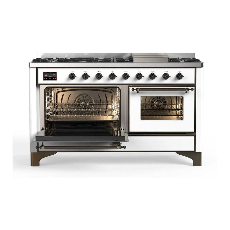 ILVE Majestic II 60" Dual Fuel Freestanding Range in White with Burnished Trim, UM15FDNS3WHBLP