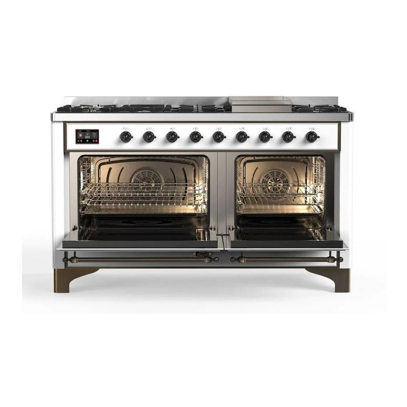 ILVE Majestic II 60" Dual Fuel Freestanding Range in White with Burnished Trim, UM15FDNS3WHB
