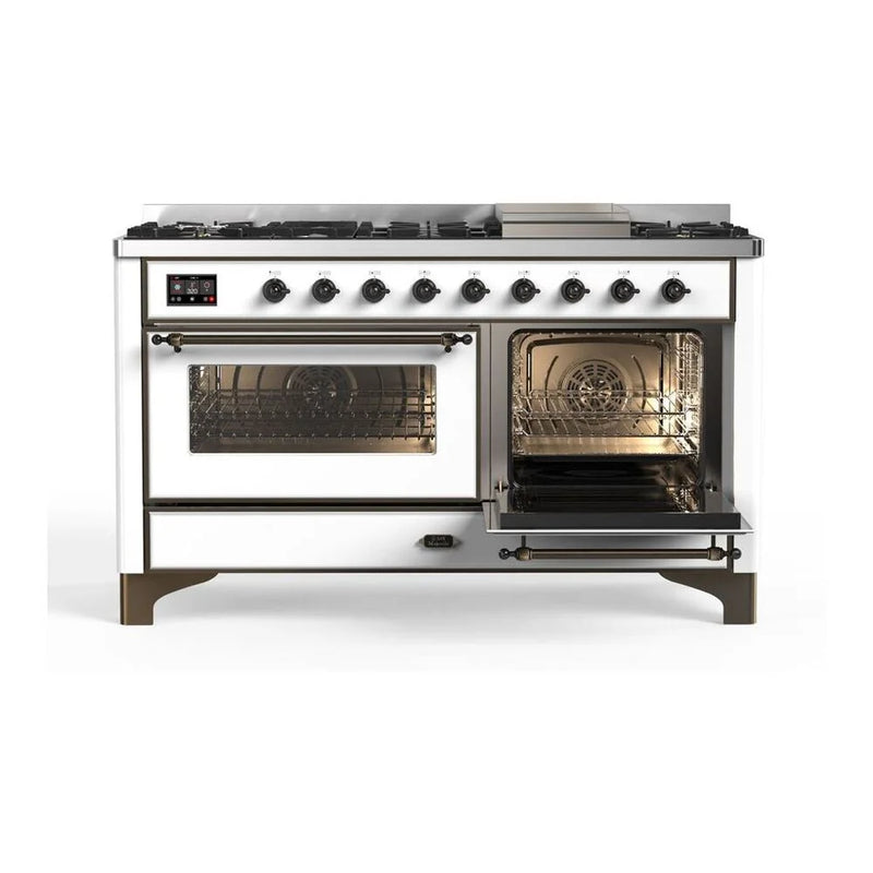 ILVE Majestic II 60" Dual Fuel Freestanding Range in White with Burnished Trim, UM15FDNS3WHB
