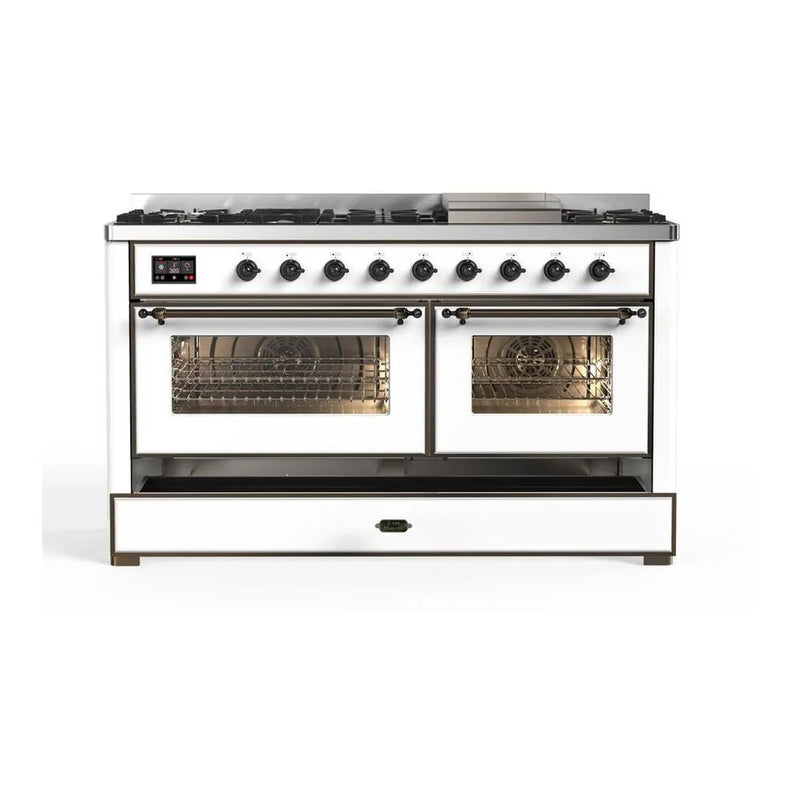 ILVE Majestic II 60" Dual Fuel Freestanding Range in White with Burnished Trim, UM15FDNS3WHB