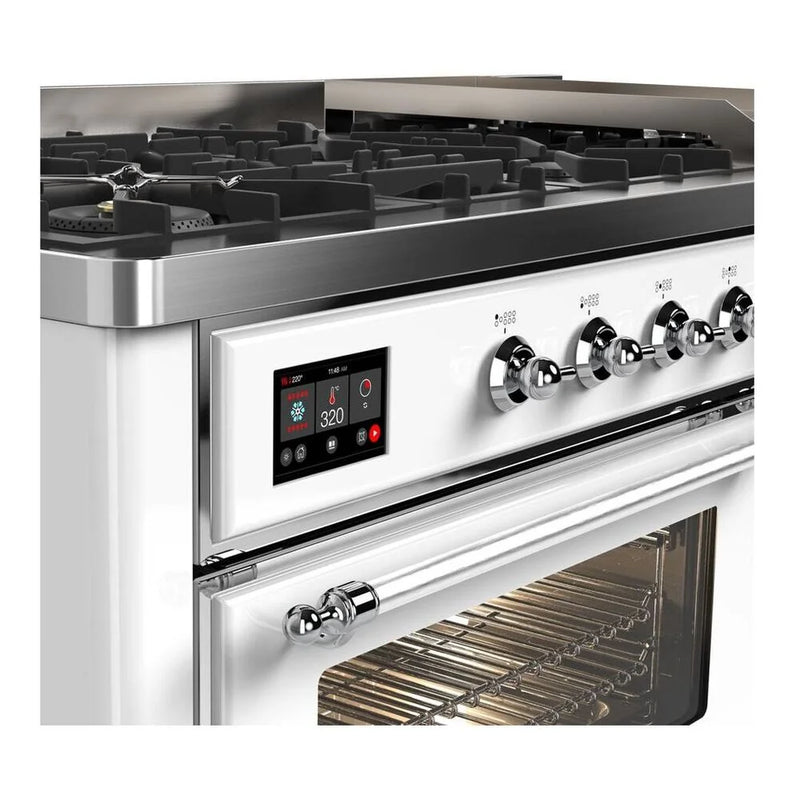 ILVE Majestic II 60" Dual Fuel Freestanding Range in White with Chrome Trim, UM15FDNS3WHCLP