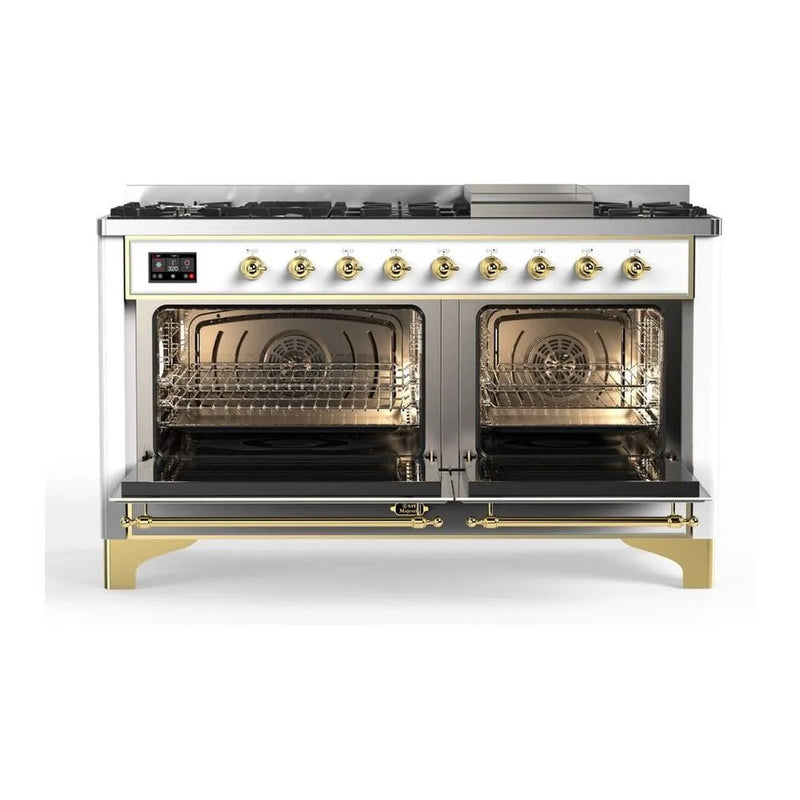 ILVE Majestic II 60" Dual Fuel Freestanding Range in White with Brass Trim, UM15FDNS3WHGLP