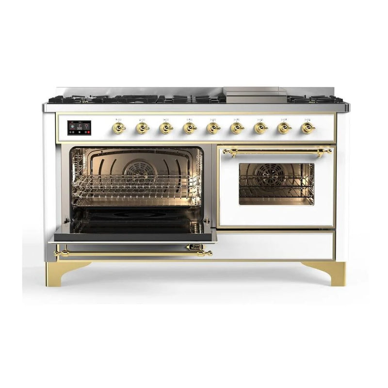 ILVE Majestic II 60" Dual Fuel Freestanding Range in White with Brass Trim, UM15FDNS3WHGLP