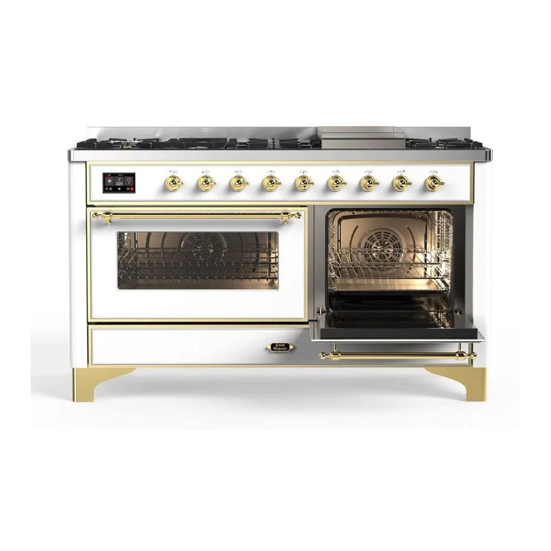 ILVE Majestic II 60" Dual Fuel Freestanding Range in White with Brass Trim, UM15FDNS3WHGLP