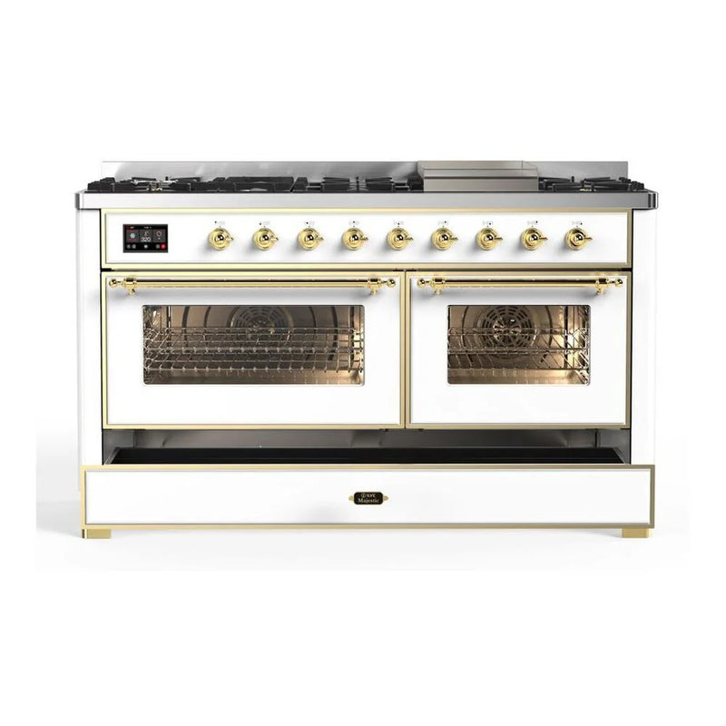 ILVE Majestic II 60" Dual Fuel Freestanding Range in White with Brass Trim, UM15FDNS3WHGLP