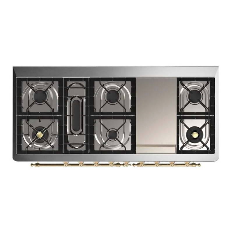 ILVE Majestic II 60" Dual Fuel Freestanding Range in White with Brass Trim, UM15FDNS3WHGLP