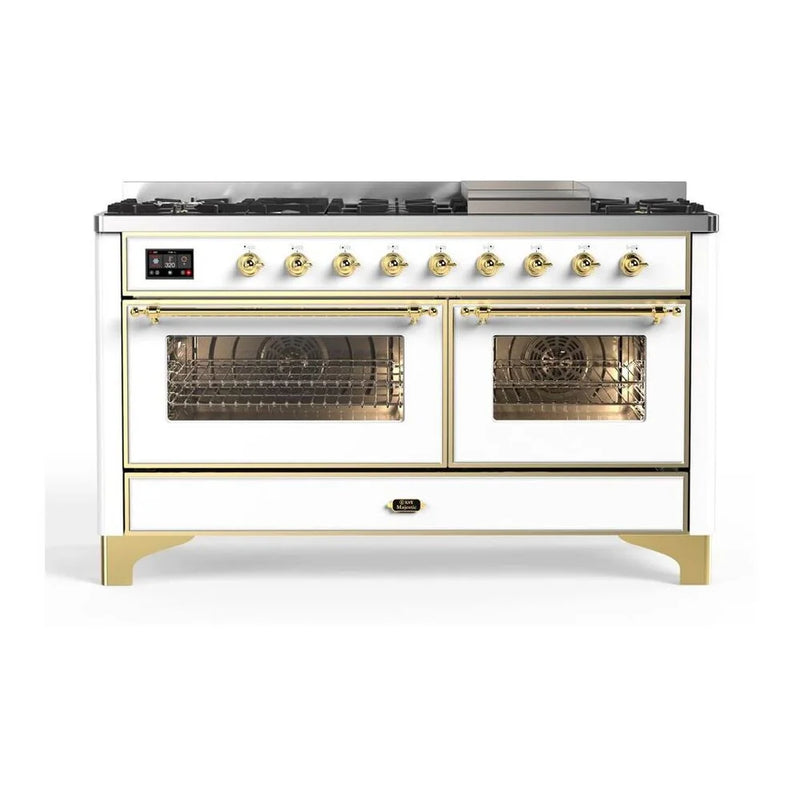 ILVE Majestic II 60" Dual Fuel Freestanding Range in White with Brass Trim, UM15FDNS3WHG