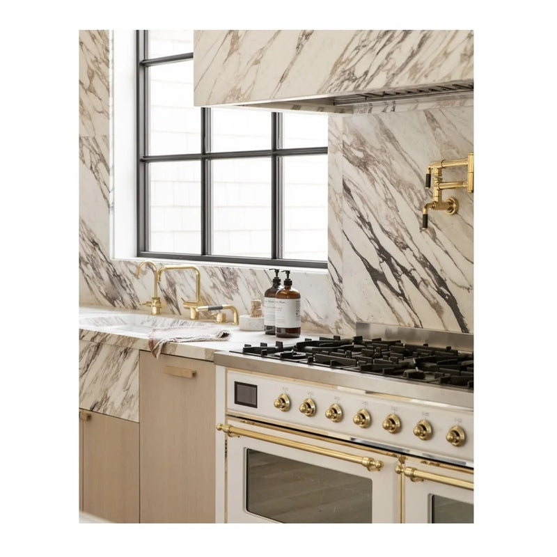 ILVE Majestic II 60" Dual Fuel Freestanding Range in White with Brass Trim, UM15FDNS3WHG