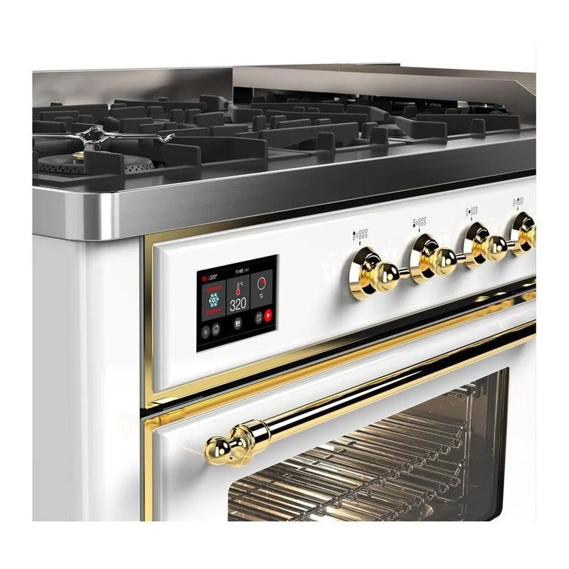 ILVE Majestic II 60" Dual Fuel Freestanding Range in White with Brass Trim, UM15FDNS3WHG