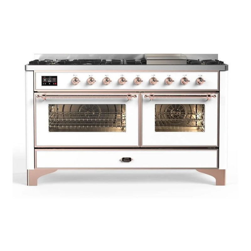 ILVE Majestic II 60" Dual Fuel Freestanding Range in White with Copper Trim, UM15FDNS3WHPLP