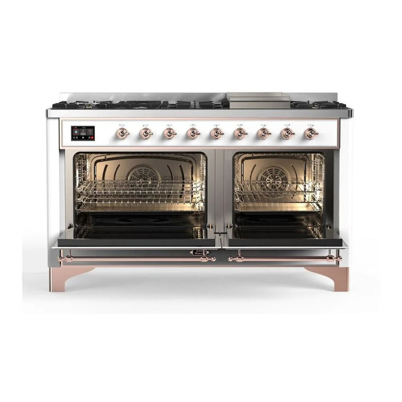 ILVE Majestic II 60" Dual Fuel Freestanding Range in White with Copper Trim, UM15FDNS3WHPLP