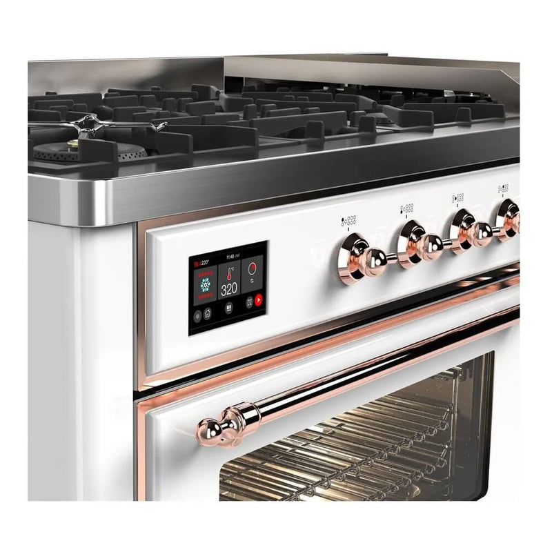 ILVE Majestic II 60" Dual Fuel Freestanding Range in White with Copper Trim, UM15FDNS3WHPLP