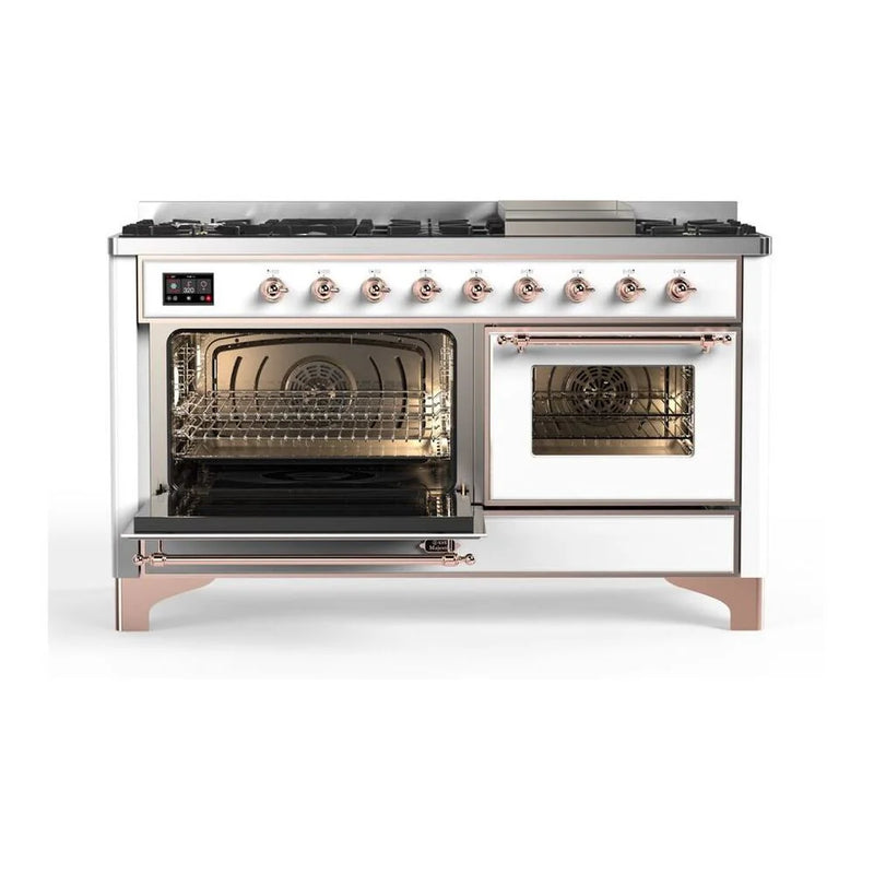 ILVE Majestic II 60" Dual Fuel Freestanding Range in White with Copper Trim, UM15FDNS3WHPLP