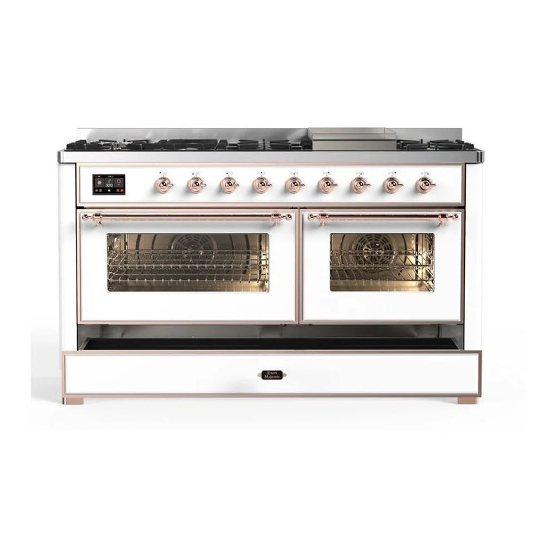 ILVE Majestic II 60" Dual Fuel Freestanding Range in White with Copper Trim, UM15FDNS3WHPLP