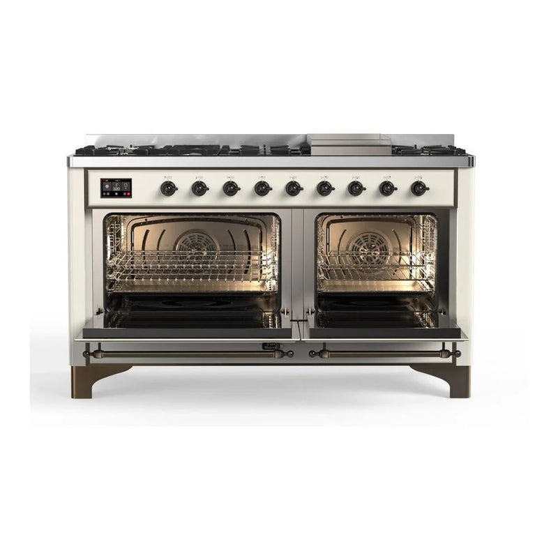 ILVE Majestic II 60" Dual Fuel Freestanding Range in Antique White with Burnished Trim, UM15FDQNS3AWBLP