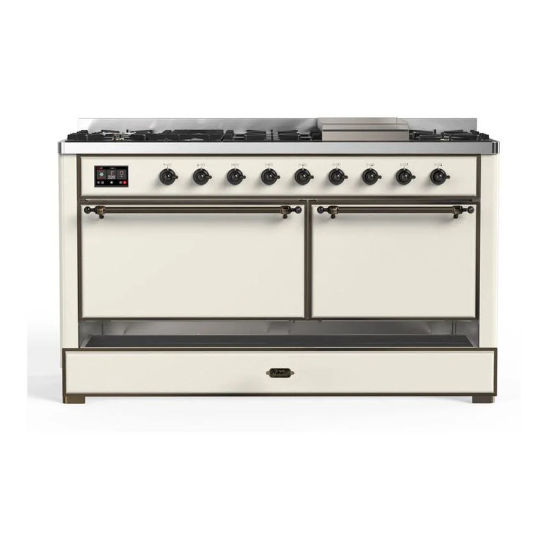 ILVE Majestic II 60" Dual Fuel Freestanding Range in Antique White with Burnished Trim, UM15FDQNS3AWBLP