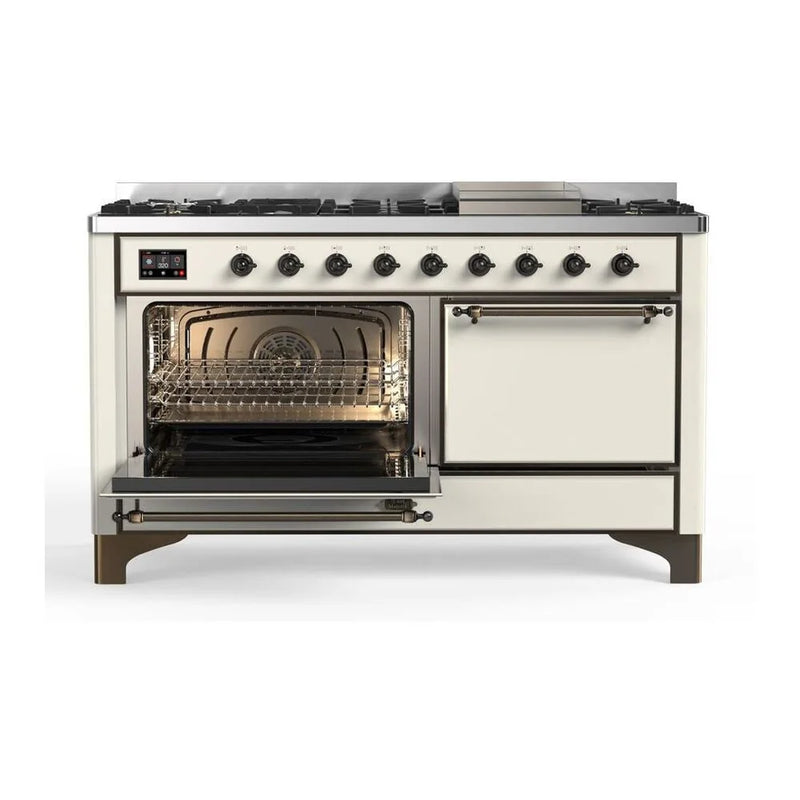 ILVE Majestic II 60" Dual Fuel Freestanding Range in Antique White with Burnished Trim, UM15FDQNS3AWB