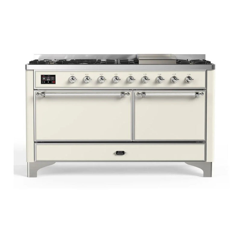ILVE Majestic II 60" Dual Fuel Freestanding Range in Antique White with Chrome Trim, UM15FDQNS3AWCLP
