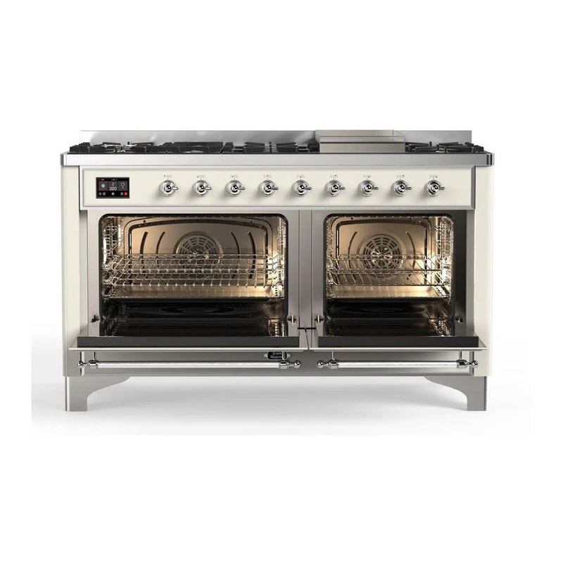 ILVE Majestic II 60" Dual Fuel Freestanding Range in Antique White with Chrome Trim, UM15FDQNS3AWCLP