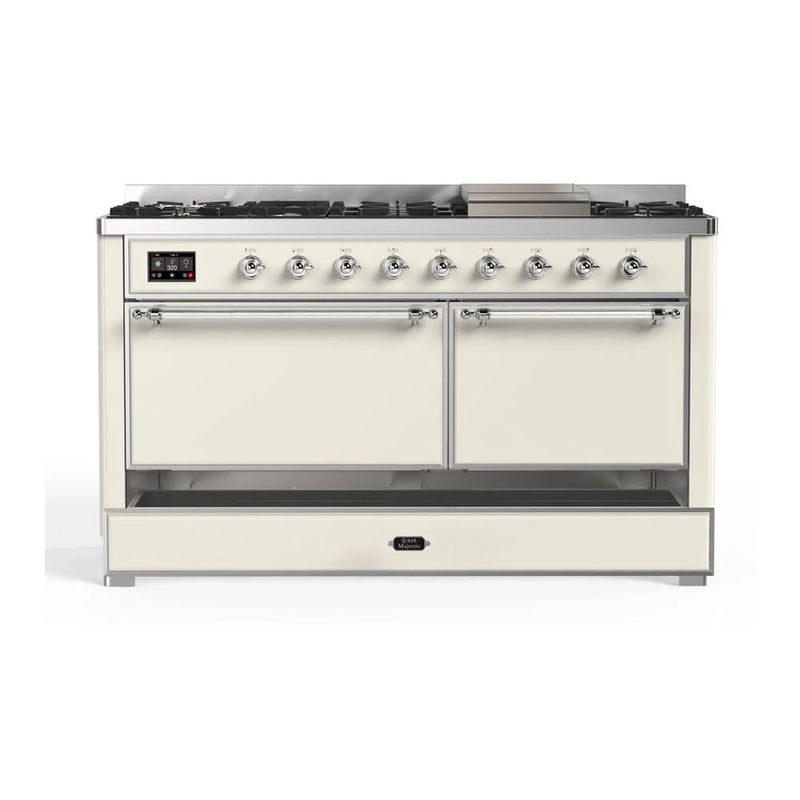 ILVE Majestic II 60" Dual Fuel Freestanding Range in Antique White with Chrome Trim, UM15FDQNS3AWCLP