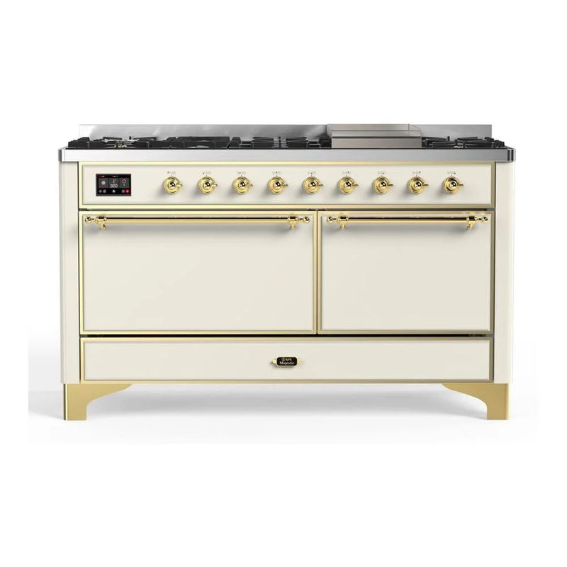 ILVE Majestic II 60" Dual Fuel Freestanding Range in Antique White with Brass Trim, UM15FDQNS3AWGLP