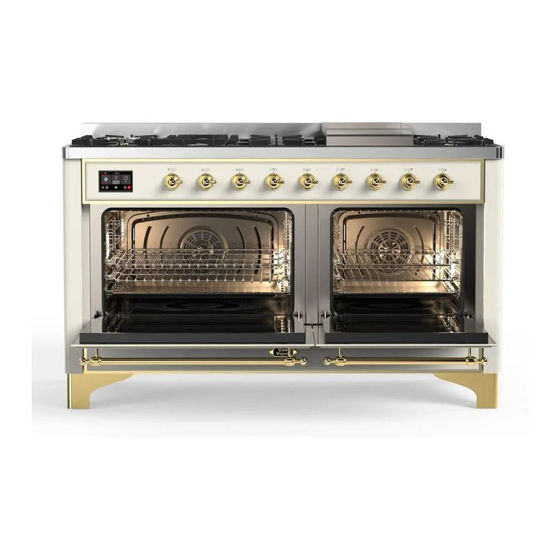 ILVE Majestic II 60" Dual Fuel Freestanding Range in Antique White with Brass Trim, UM15FDQNS3AWGLP