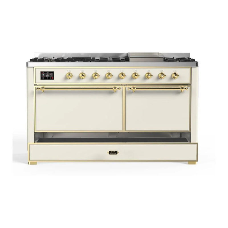 ILVE Majestic II 60" Dual Fuel Freestanding Range in Antique White with Brass Trim, UM15FDQNS3AWG