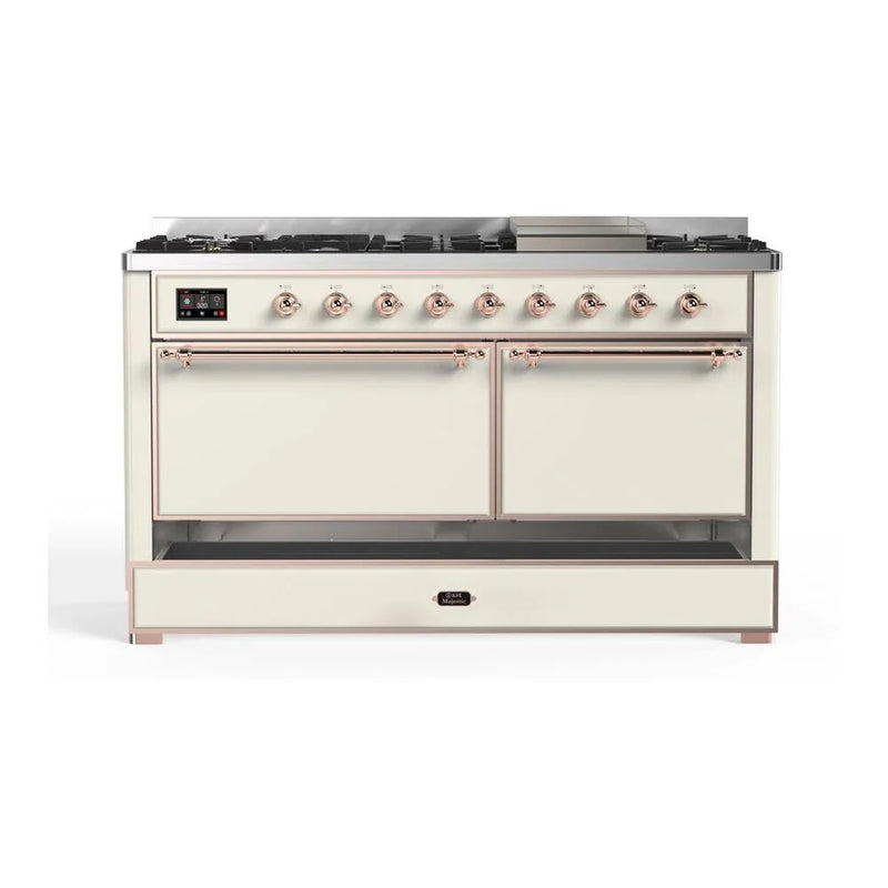 ILVE Majestic II 60" Dual Fuel Freestanding Range in Antique White with Copper Trim, UM15FDQNS3AWPLP