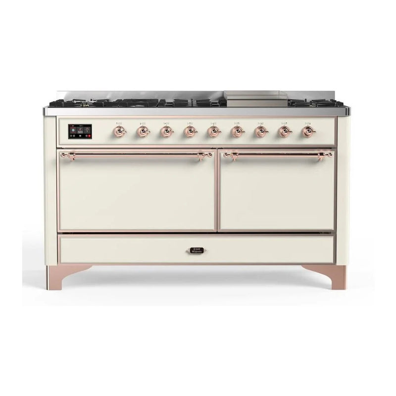 ILVE Majestic II 60" Dual Fuel Freestanding Range in Antique White with Copper Trim, UM15FDQNS3AWP