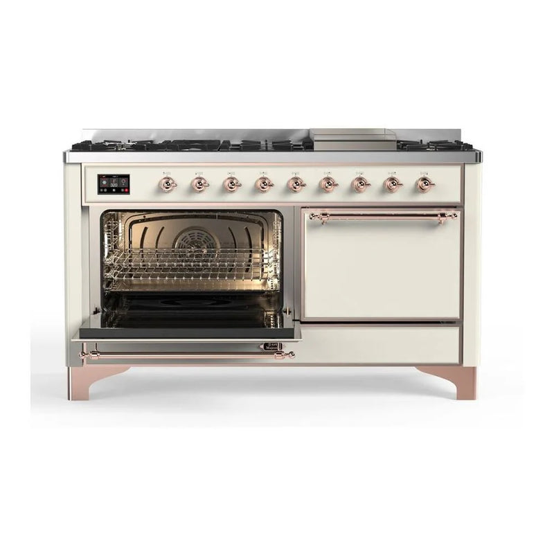 ILVE Majestic II 60" Dual Fuel Freestanding Range in Antique White with Copper Trim, UM15FDQNS3AWP