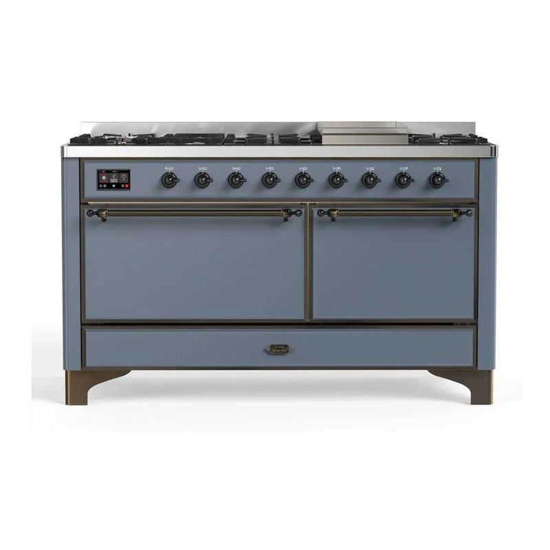 ILVE Majestic II 60" Dual Fuel Freestanding Range in Blue Grey with Burnished Trim, UM15FDQNS3BGBLP