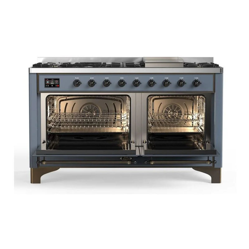 ILVE Majestic II 60" Dual Fuel Freestanding Range in Blue Grey with Burnished Trim, UM15FDQNS3BGBLP