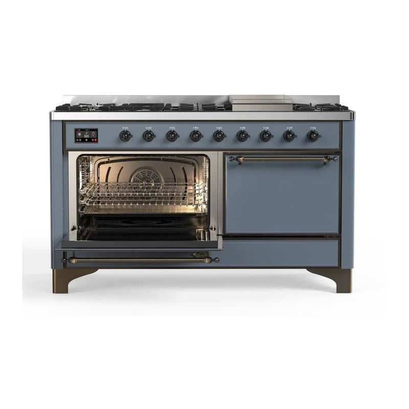 ILVE Majestic II 60" Dual Fuel Freestanding Range in Blue Grey with Burnished Trim, UM15FDQNS3BGBLP