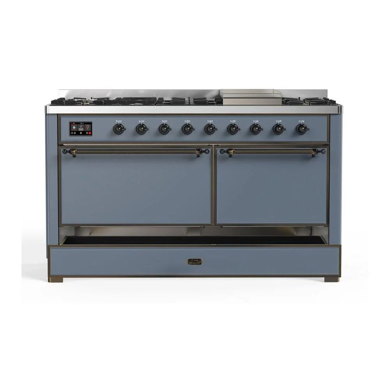 ILVE Majestic II 60" Dual Fuel Freestanding Range in Blue Grey with Burnished Trim, UM15FDQNS3BGB