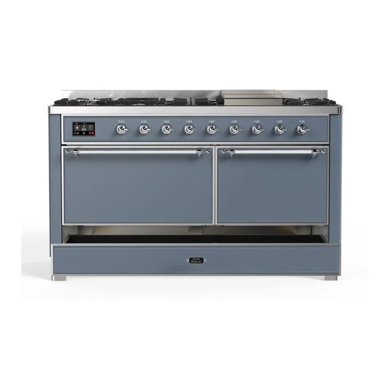 ILVE Majestic II 60" Dual Fuel Freestanding Range in Blue Grey with Chrome Trim, UM15FDQNS3BGCLP