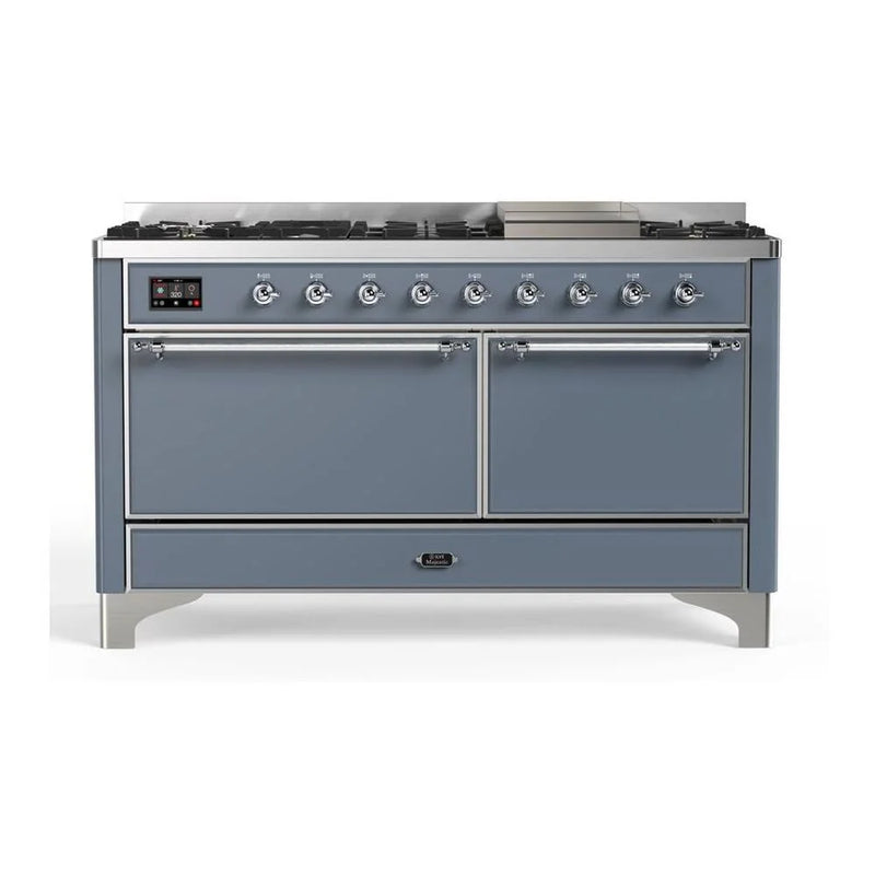 ILVE Majestic II 60" Dual Fuel Freestanding Range in Blue Grey with Chrome Trim, UM15FDQNS3BGC