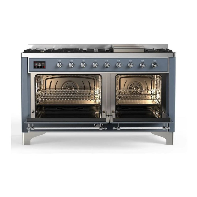 ILVE Majestic II 60" Dual Fuel Freestanding Range in Blue Grey with Chrome Trim, UM15FDQNS3BGC