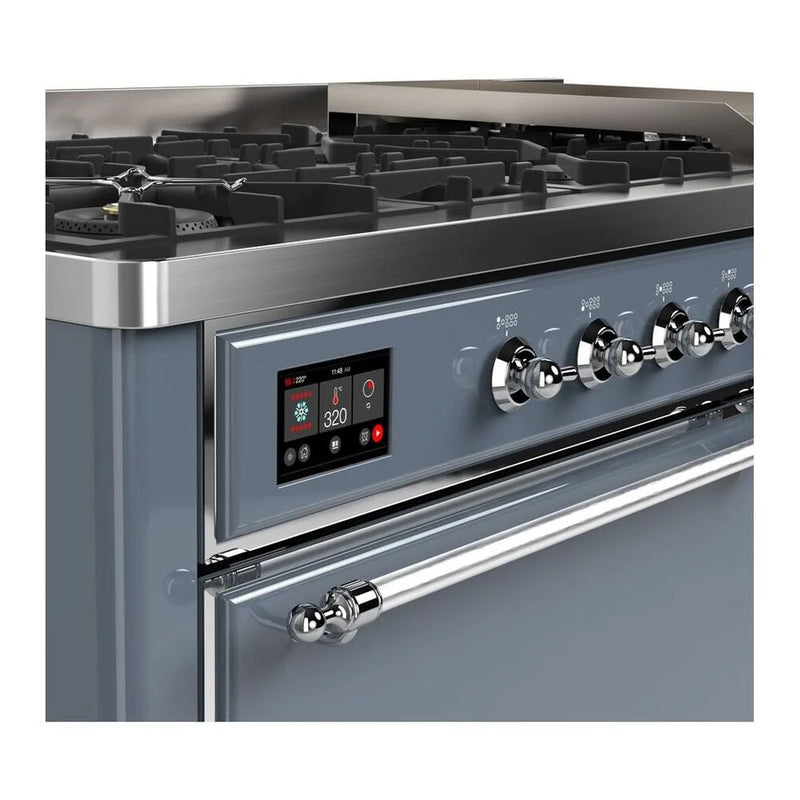ILVE Majestic II 60" Dual Fuel Freestanding Range in Blue Grey with Chrome Trim, UM15FDQNS3BGC