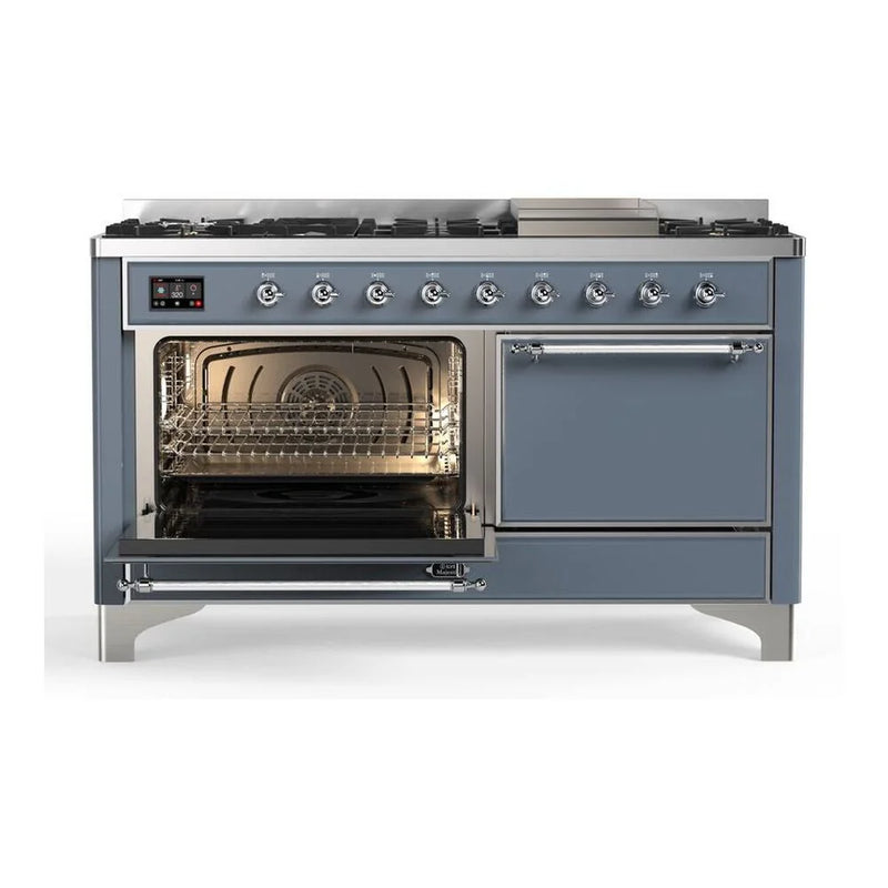 ILVE Majestic II 60" Dual Fuel Freestanding Range in Blue Grey with Chrome Trim, UM15FDQNS3BGC