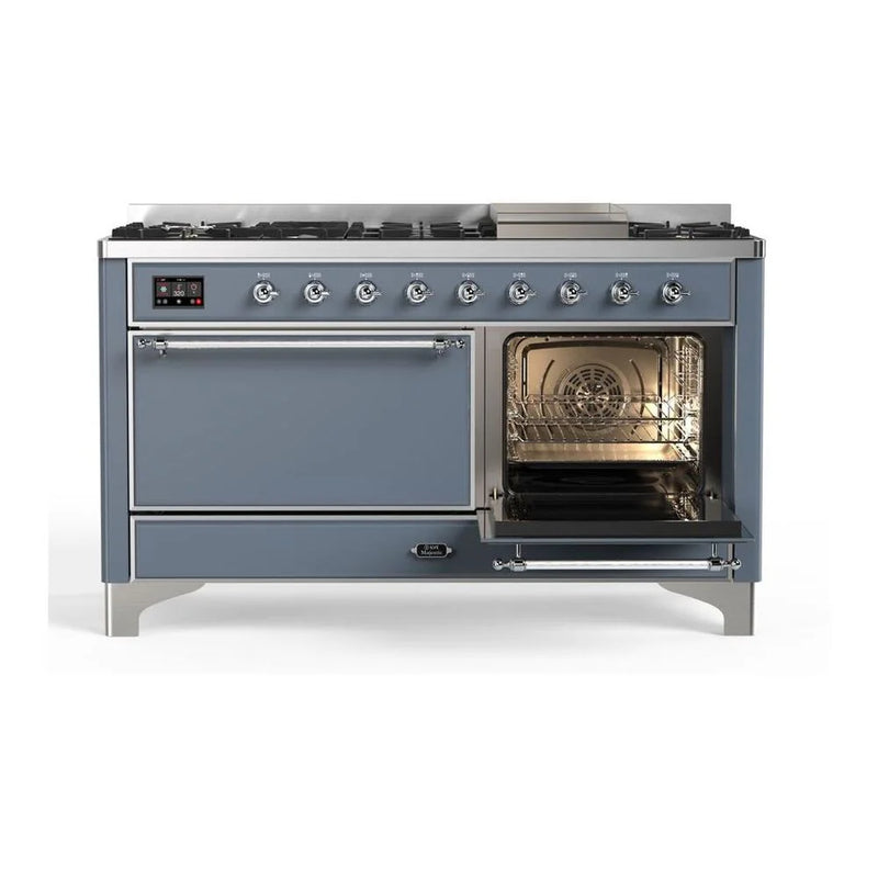 ILVE Majestic II 60" Dual Fuel Freestanding Range in Blue Grey with Chrome Trim, UM15FDQNS3BGC