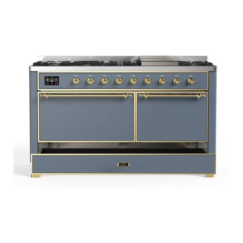 ILVE Majestic II 60" Dual Fuel Freestanding Range in Blue Grey with Brass Trim, UM15FDQNS3BGGLP