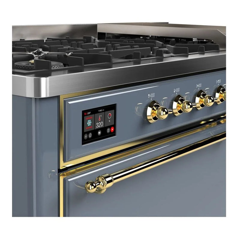 ILVE Majestic II 60" Dual Fuel Freestanding Range in Blue Grey with Brass Trim, UM15FDQNS3BGG